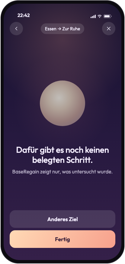 Dafür gibt es noch keinen belegten Schritt. BaseRegain zeigt nur, was untersucht wurde. Mit den Knöpfen Anderes Ziel und Fertig.