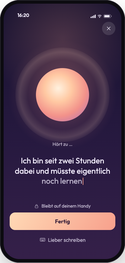 BaseRegain hört zu. Unten der Hinweis: Bleibt auf deinem Handy.