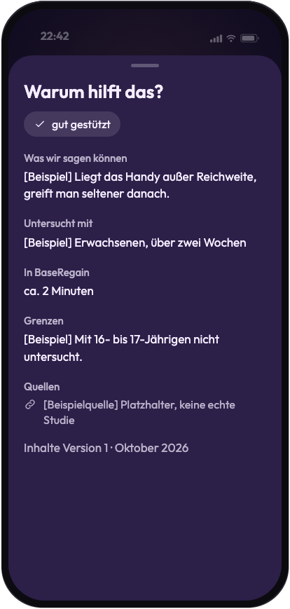 Das Fenster Warum hilft das? in der App: Evidenzstufe, Aussage, untersuchte Gruppe, Umsetzung, Grenzen, Quellen und Inhaltsversion. Beispieltexte.